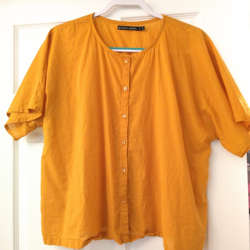 Gudrun Sjoden  Short Sleeve Blouse Button Down  100% Organic Cotton Size L